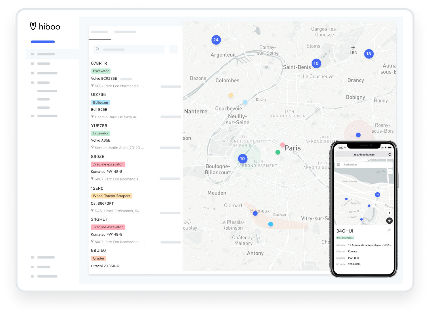 Map with construction equipment tracked from Hiboo platform